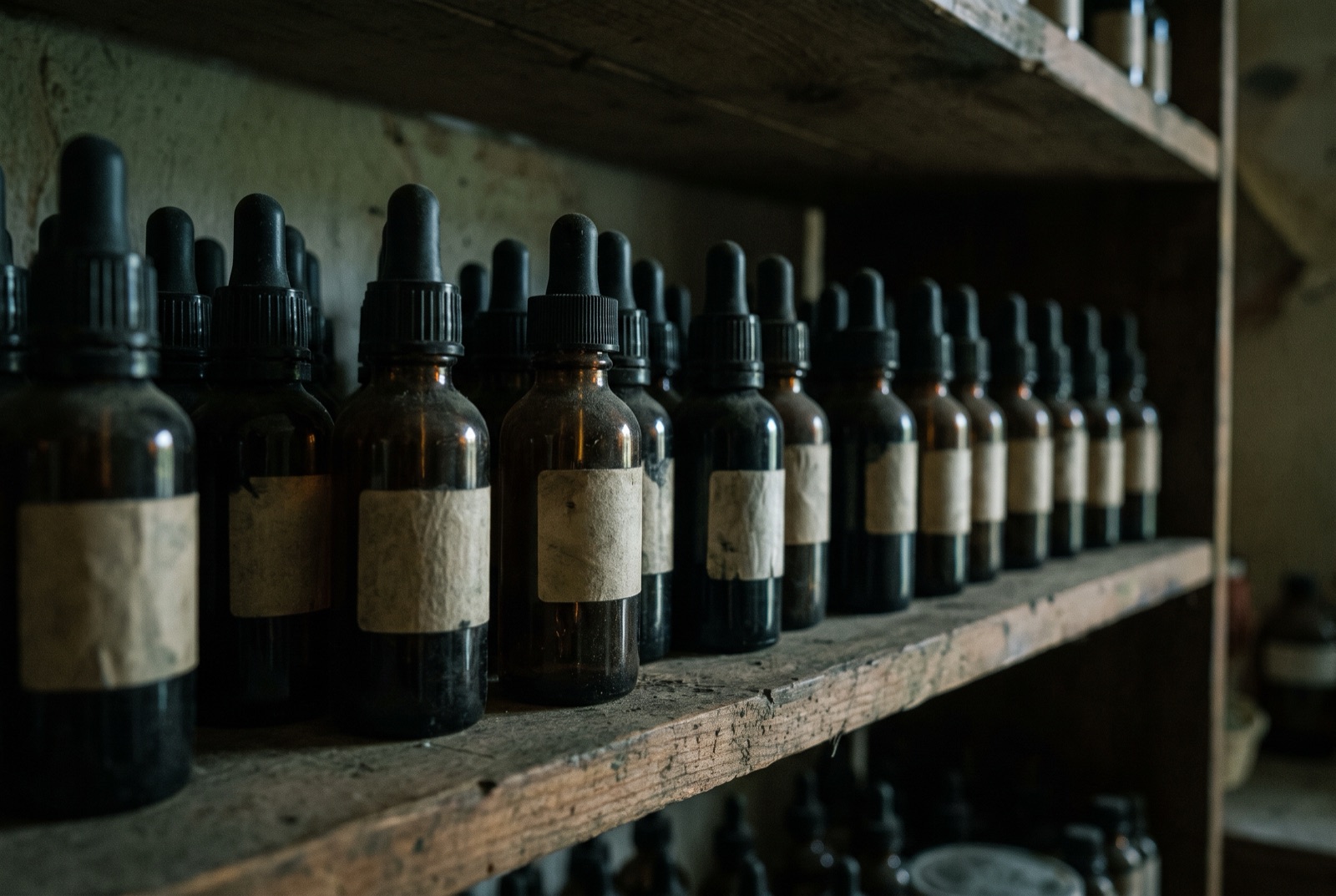 A dim shelf of near-identical unlabeled dropper bottles fading into shadow