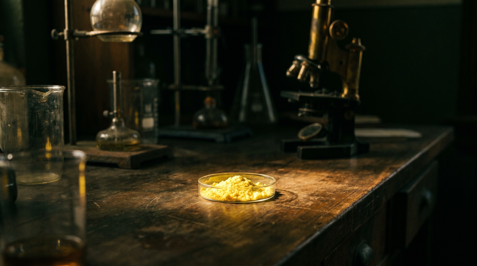 A dish of bright-yellow crystalline compound on a mid-century lab bench
